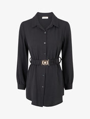 Chemise unie à ceinture élastiquée - Noir - 1