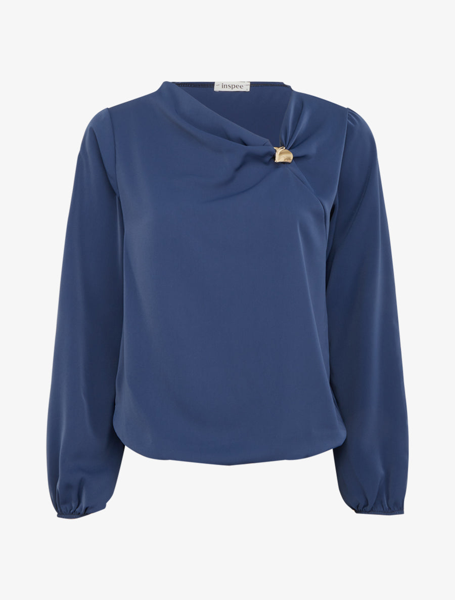 Top fluide à col asymétrique et bijoux doré - Marine - 1