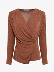 Top satiné à boucle et manches longues - Marron - 1