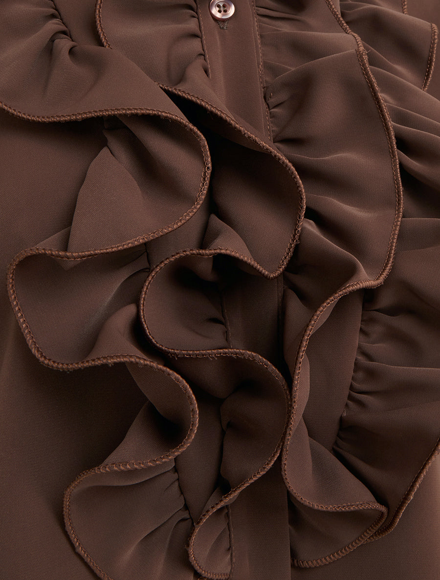 Blouse unie à col jabot - Marron - 3