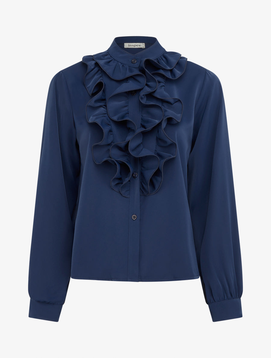 Blouse unie à col jabot - Marine - 1