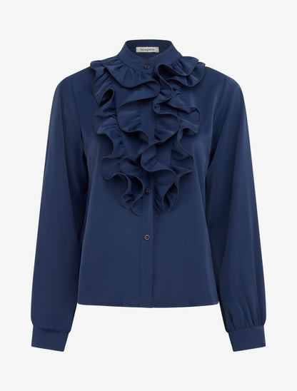 Blouse unie à col jabot - Marine - 1