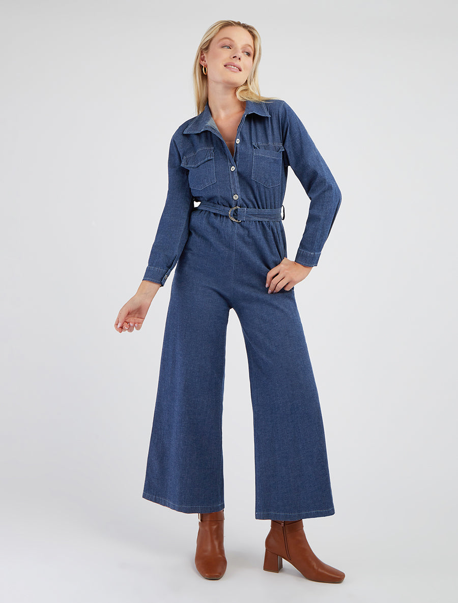 Combinaison en denim à taille élastiquée - Bleu denim