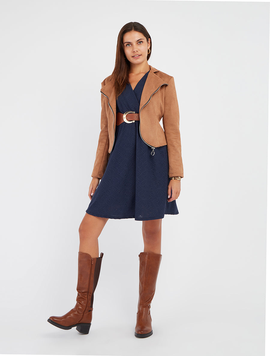 Veste en suédine à zip décoratif - Camel - 8