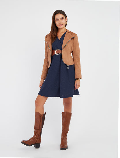 Veste en suédine à zip décoratif - Camel - 8