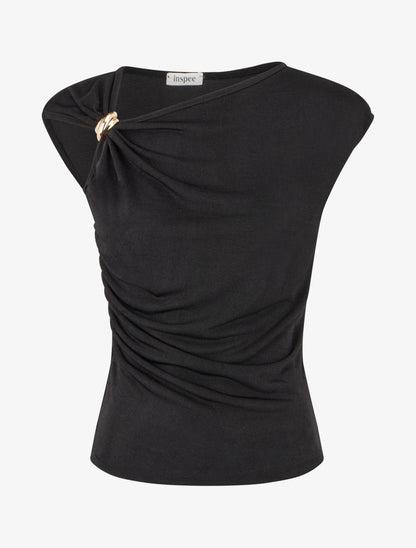 Top uni sans manches à empiècement bijou - Noir - 1