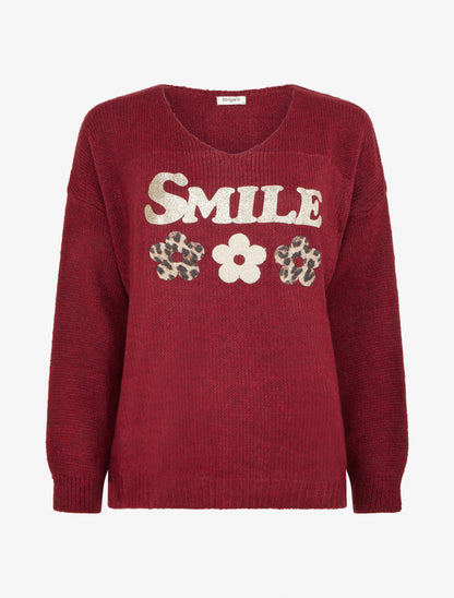 Pull uni en maille à flocage - Bordeaux - 1