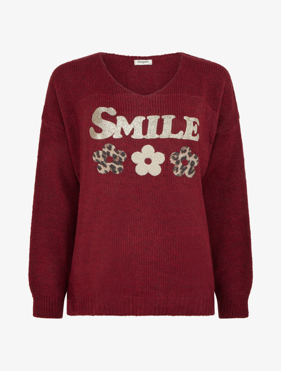 Pull uni en maille à flocage - Bordeaux