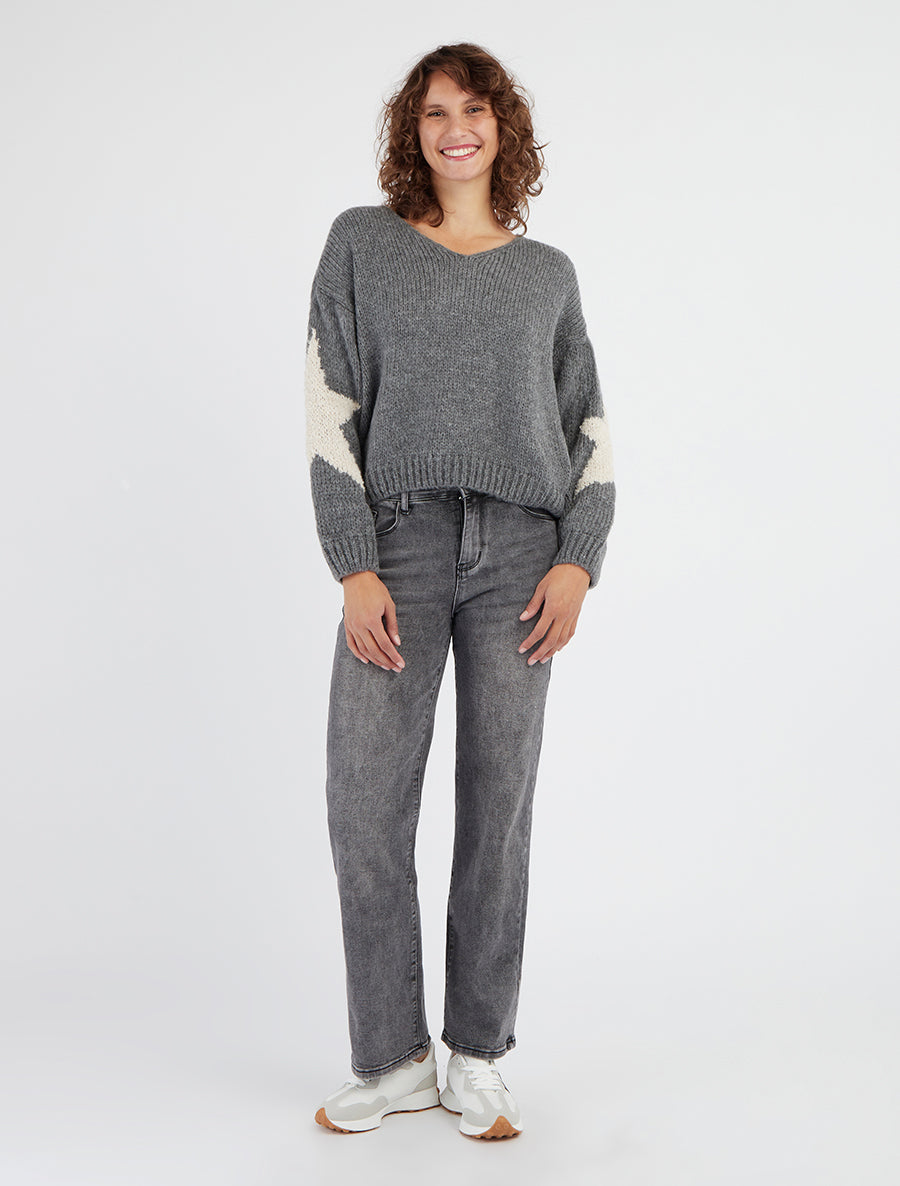Effen gebreide trui met sterrenmotief - Grijs
