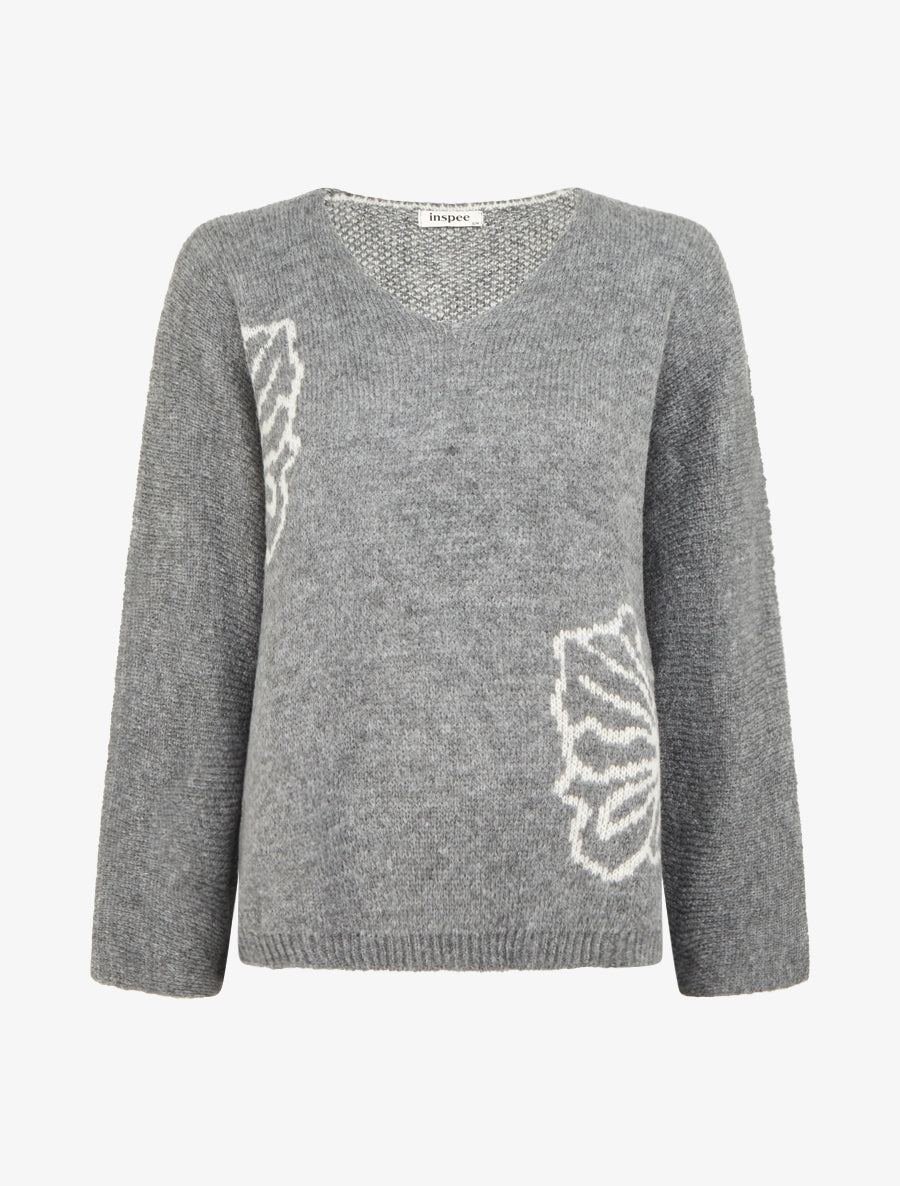 Pull à col rond à motif floral - Gris - 1