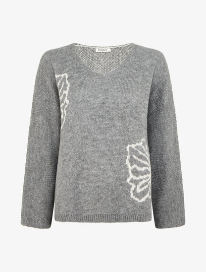 Pull à col rond à motif floral - Gris - 1