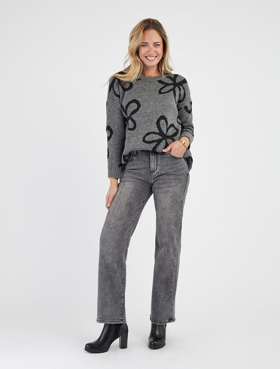 Pull droit à imprimé floral - Gris