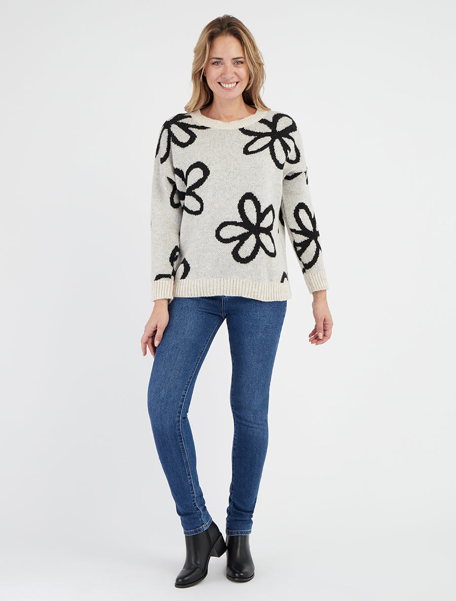 Rechte trui met bloemenprint - Gebroken wit