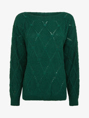 Pull uni ajouré à col rond - Vert sapin - 1