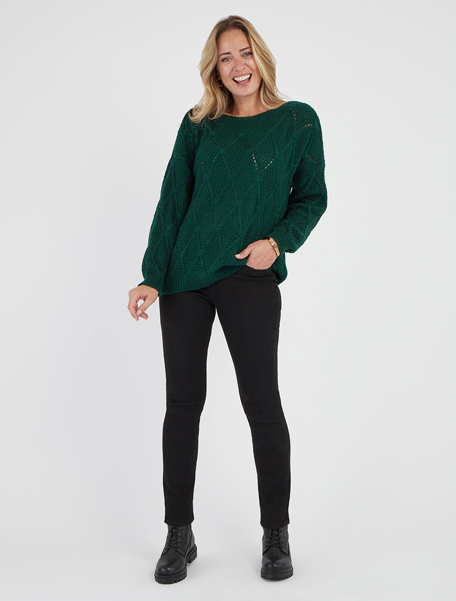 Pull uni ajouré à col rond - Vert sapin - 8