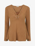 Pull fin côtelé à col dentelle et bijou - Camel - 1