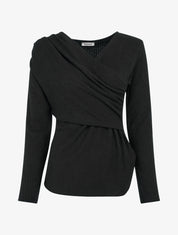 Pull fin côtelé à cache-cœur stylisé - Noir - 1