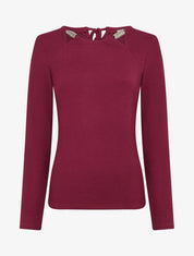 Pull fin uni à empiècement bijoux - Lie de vin - 1