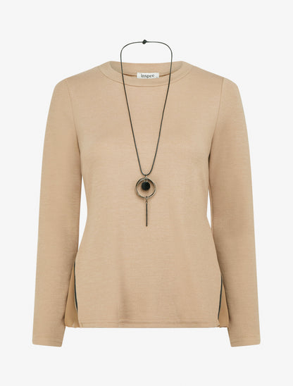 Pull fin zippé sur les côtés - Beige - 1