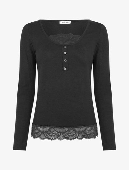 Pull fin à détail dentelle - Noir - 1