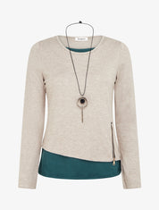 Pull bicolore zippé sur le côté - Taupe/vert sapin - 1