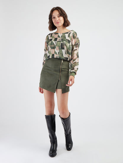 Jupe short zippée en suédine - Kaki - 8