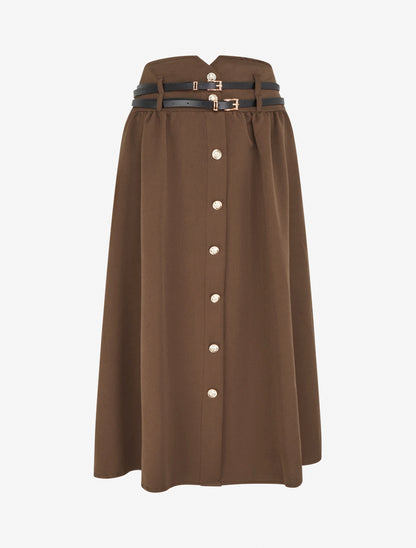 Jupe midi à double ceinture - Marron - 1