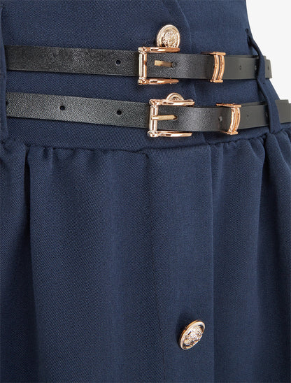 Jupe midi à double ceinture - Marine - 3