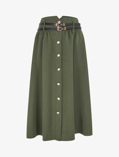 Jupe midi à double ceinture - Kaki - 1
