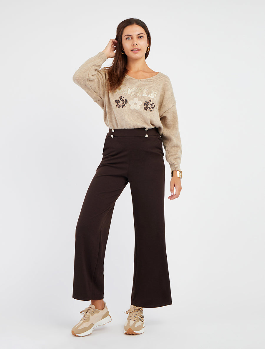 Pantalon fluide taille ornée de boutons - Marron foncé - 8