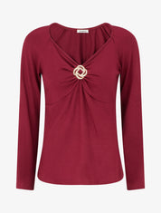 Pull fin uni à empiècement bijou - Bordeaux - 1