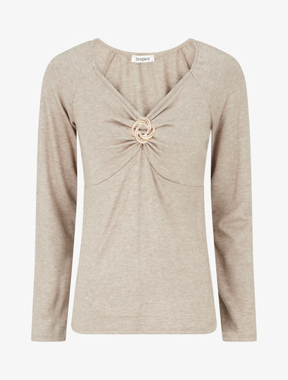 Pull fin uni à empiècement bijou - Taupe - 1