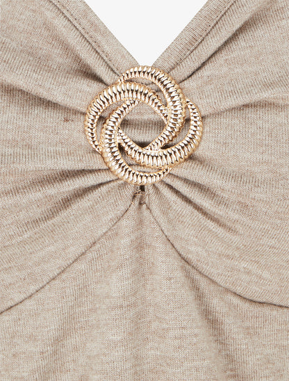 Pull fin uni à empiècement bijou - Taupe - 3