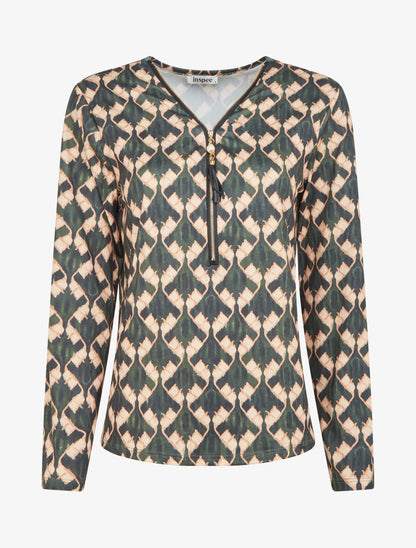 Blouse imprimé fantaisie à col zippée - Vert sapin - 1
