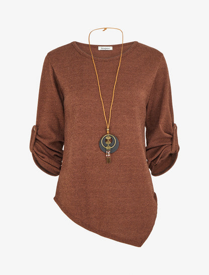 Pull fin asymétrique à manches longues retroussables - Marron - 1