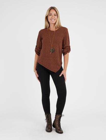 Pull fin asymétrique à manches longues retroussables - Marron - 8