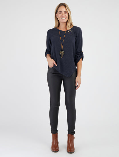 Asymmetrische dunne trui met oprolbare lange mouwen - Marine