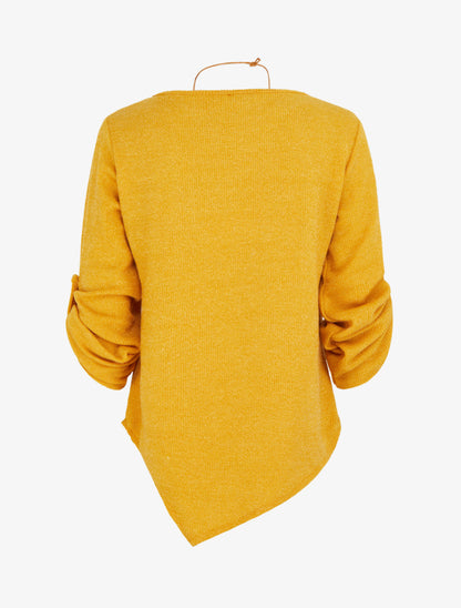 Pull fin asymétrique à manches longues retroussables - Jaune moutarde - 2