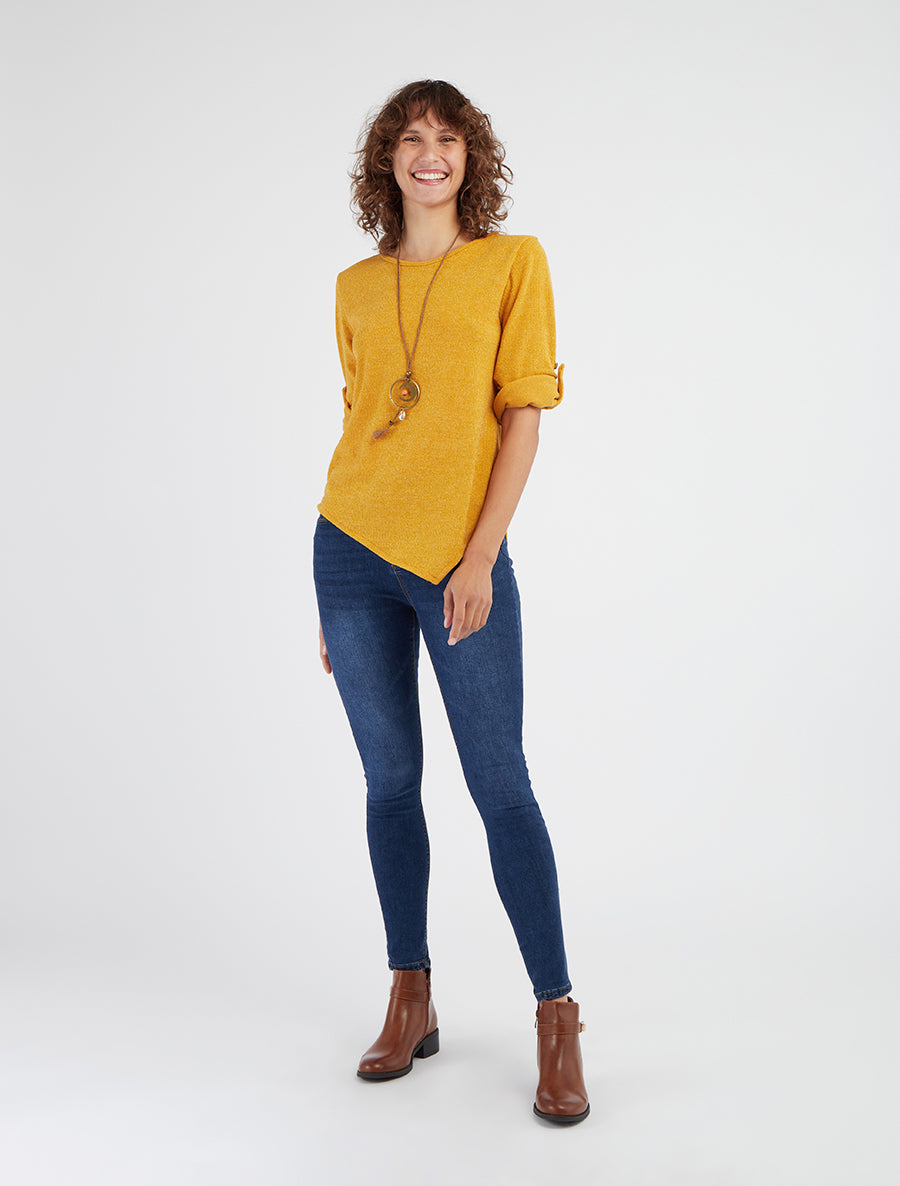 Asymmetrische dunne trui met oprolbare lange mouwen - Mosterdgeel