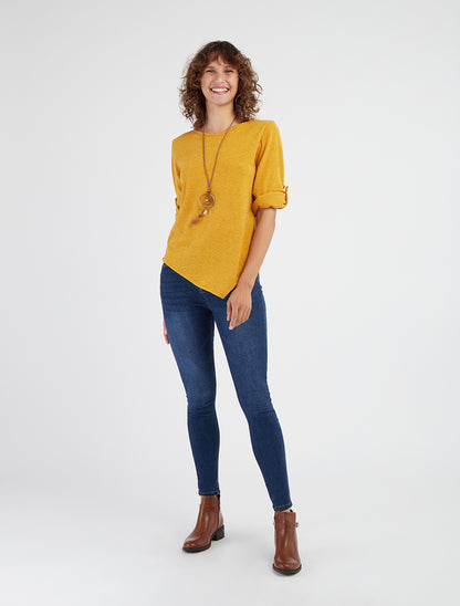 Asymmetrische dunne trui met oprolbare lange mouwen - Mosterdgeel