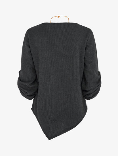 Pull fin asymétrique à manches longues retroussables - Noir - 2