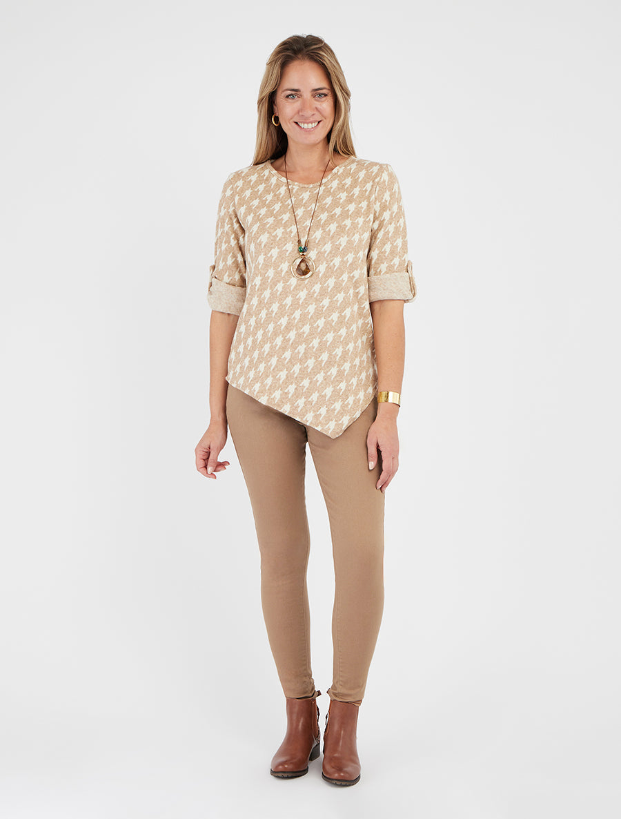 Pull fin asymétrique à imprimé pied de poule - Beige