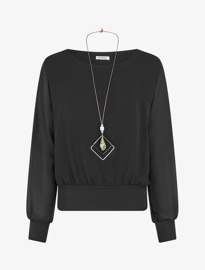 Blouse unie en voile à manches longues - Noir - 1