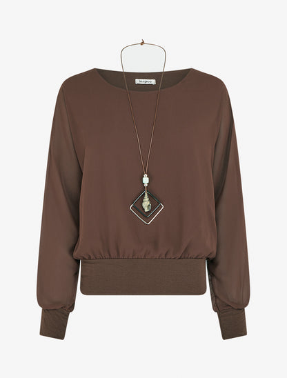 Blouse unie en voile à manches longues - Marron - 1