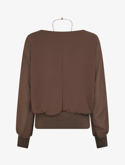 Blouse unie en voile à manches longues - Marron - 2