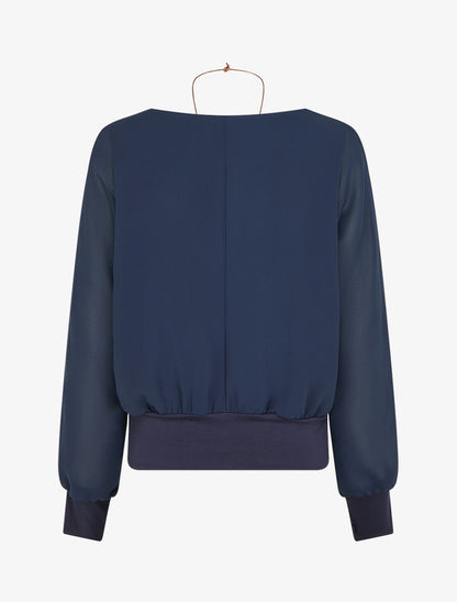Blouse unie en voile à manches longues - Marine - 2