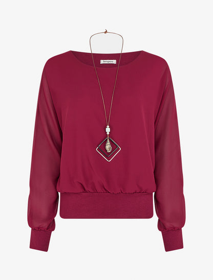Blouse unie en voile à manches longues - Lie de vin - 1