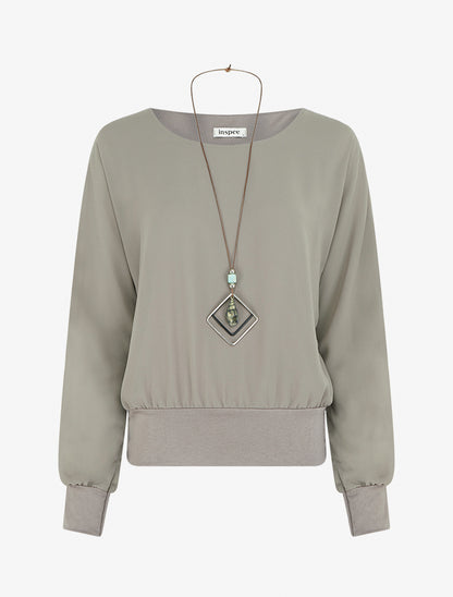 Blouse unie en voile à manches longues - Gris - 1