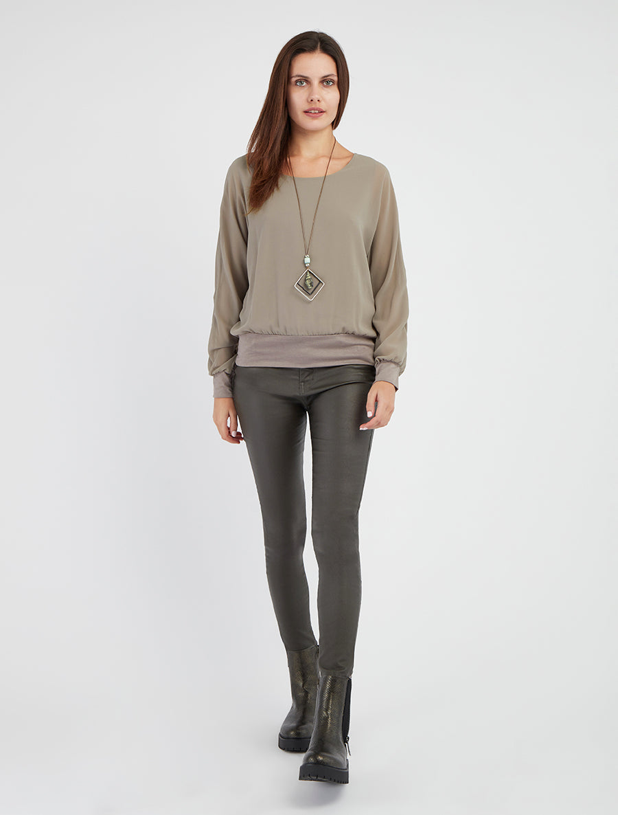 Effen blouse van voile met lange mouwen - Grijs