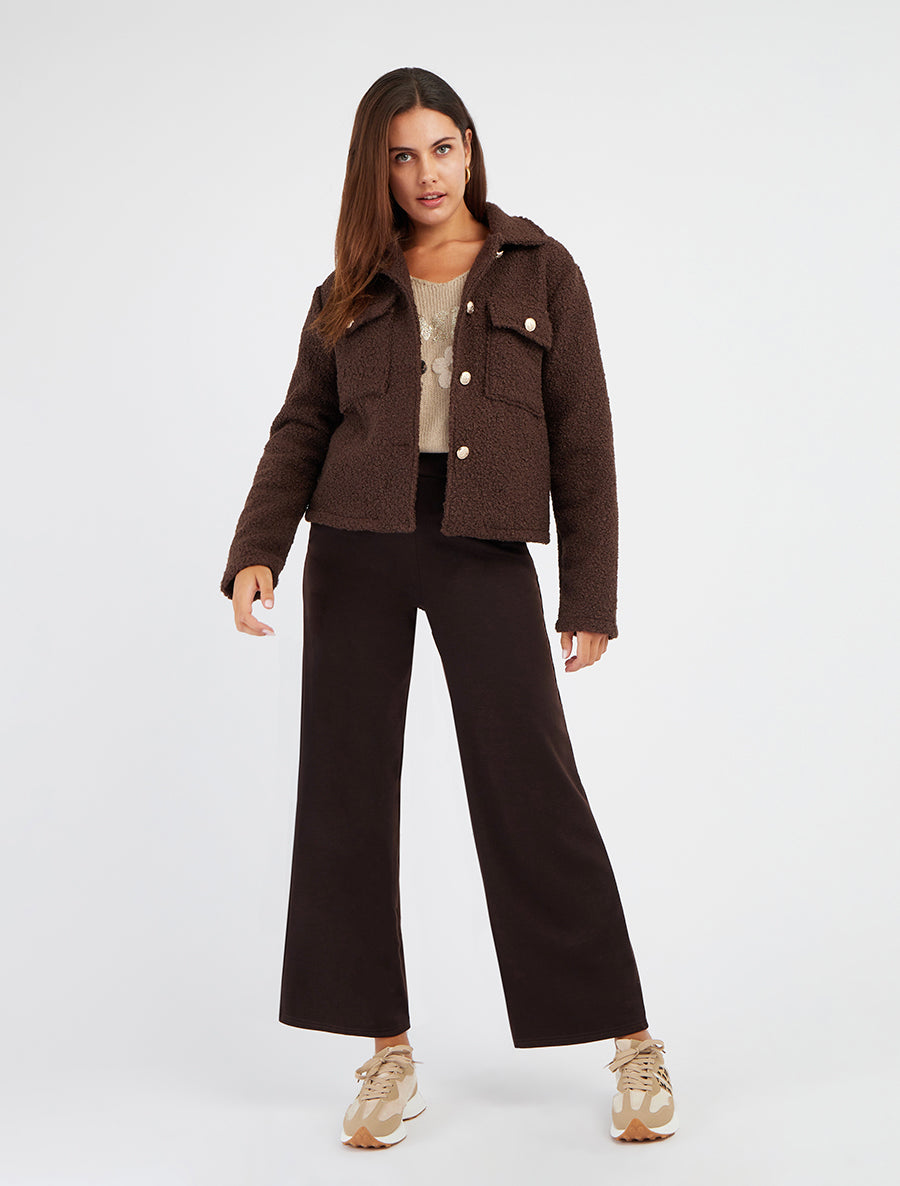 Manteau court effet laine bouclée - Chocolat - 8